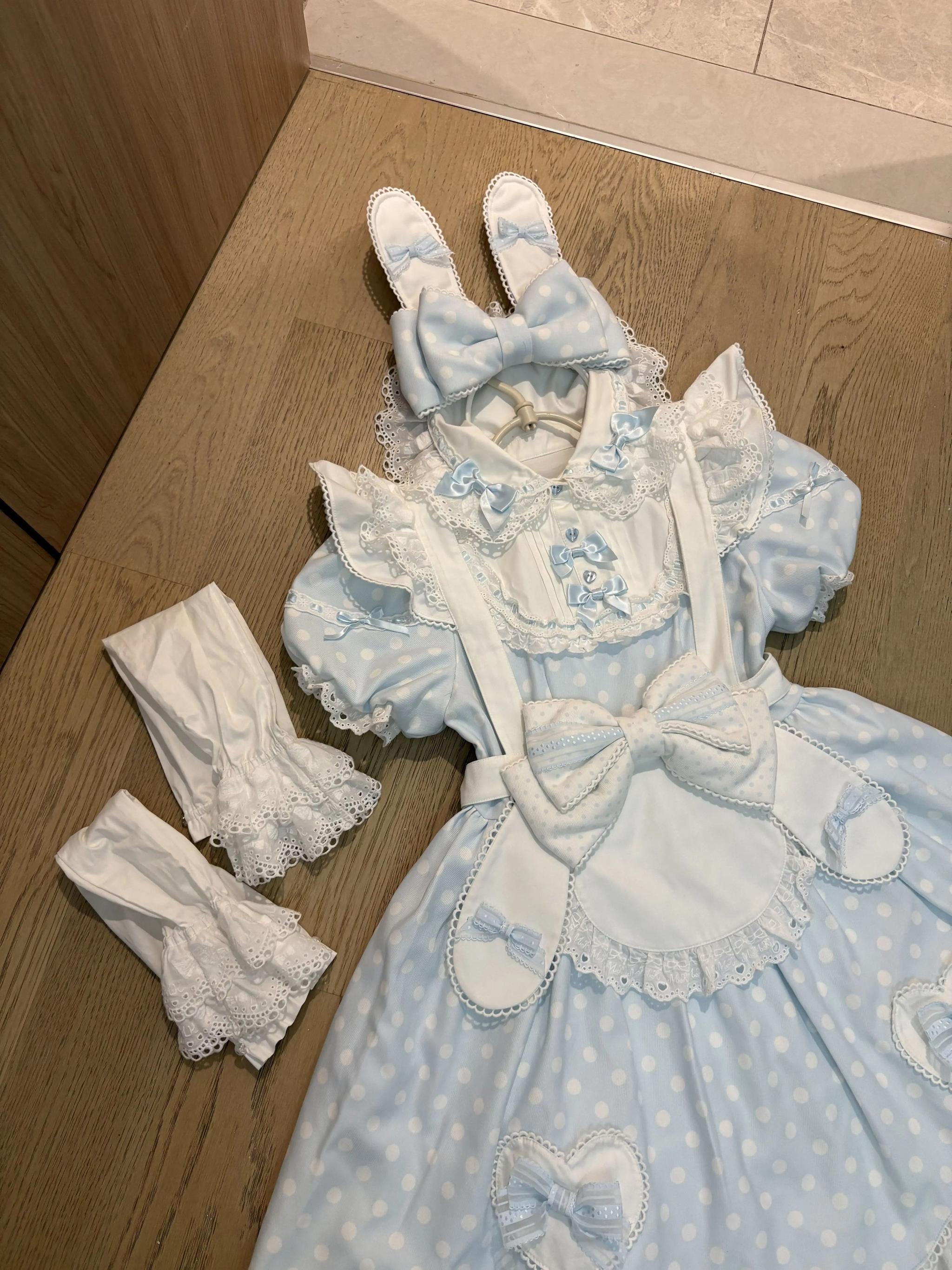 Bunny Kissaten - Four Colors Old School Lolita Polka Dot OP, Bunny Ear Apron (L M S XL XS) 45824:864367