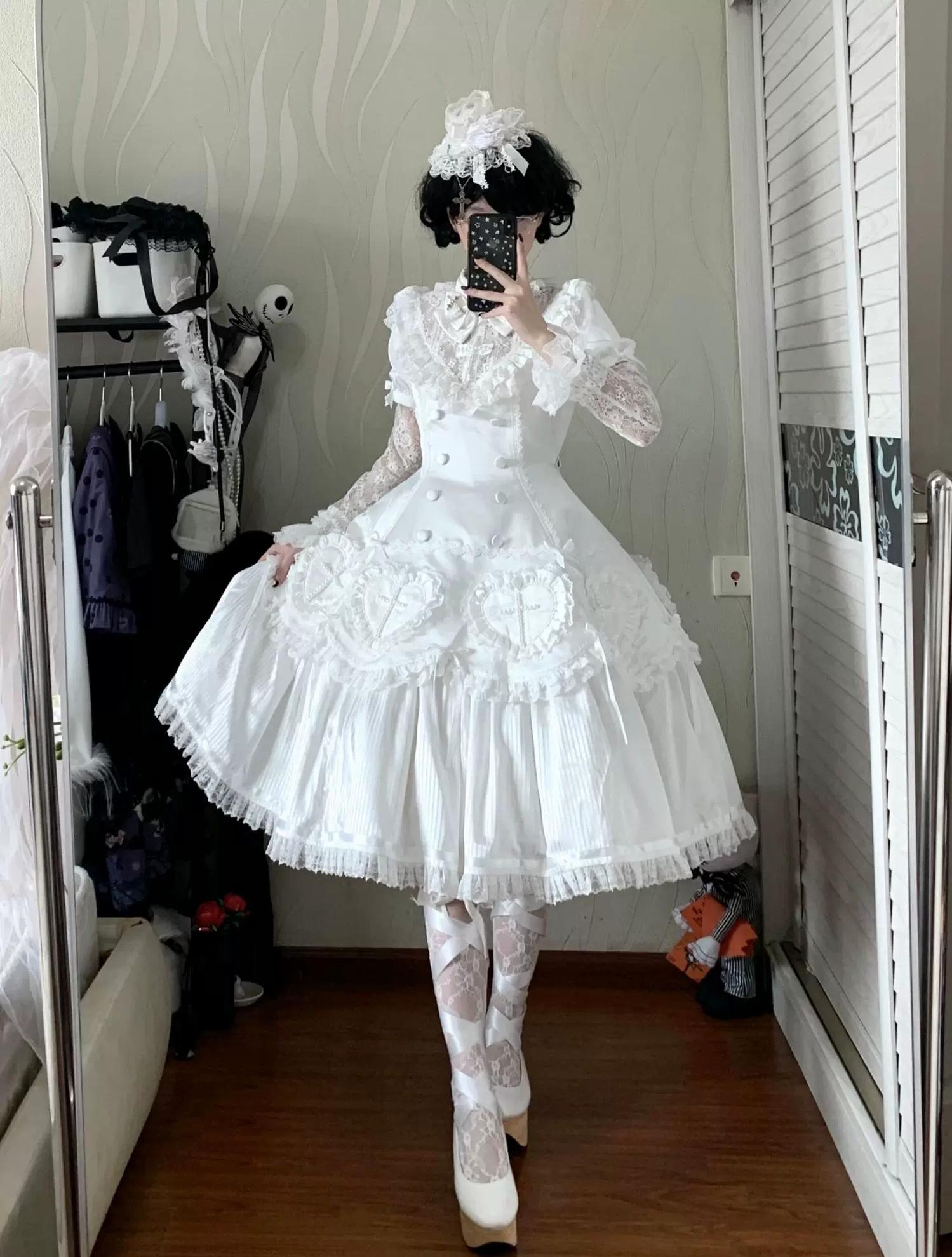 Nocthymn Cross - Gothic Lolita OP Dress with Pearled Cross, Detachable Sleeves 45813:863440