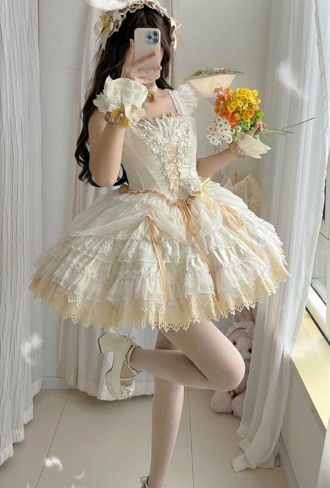 Yellow Blossom & Rose - Sweet Lolita Floral Embroidery JSK, Drawstring Lift-up Hem
