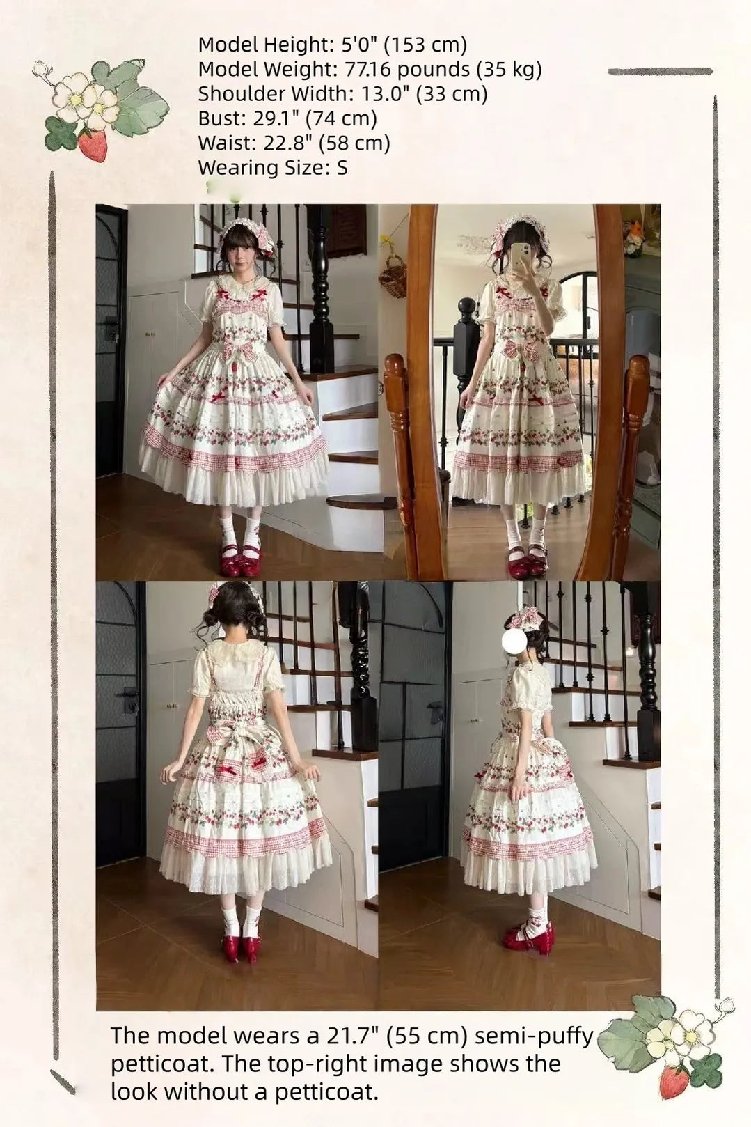 Cranberry and Lucky Clover - Cotton Sweet Lolita JSK Dress, Strawberry and Floral Print 45296:846381
