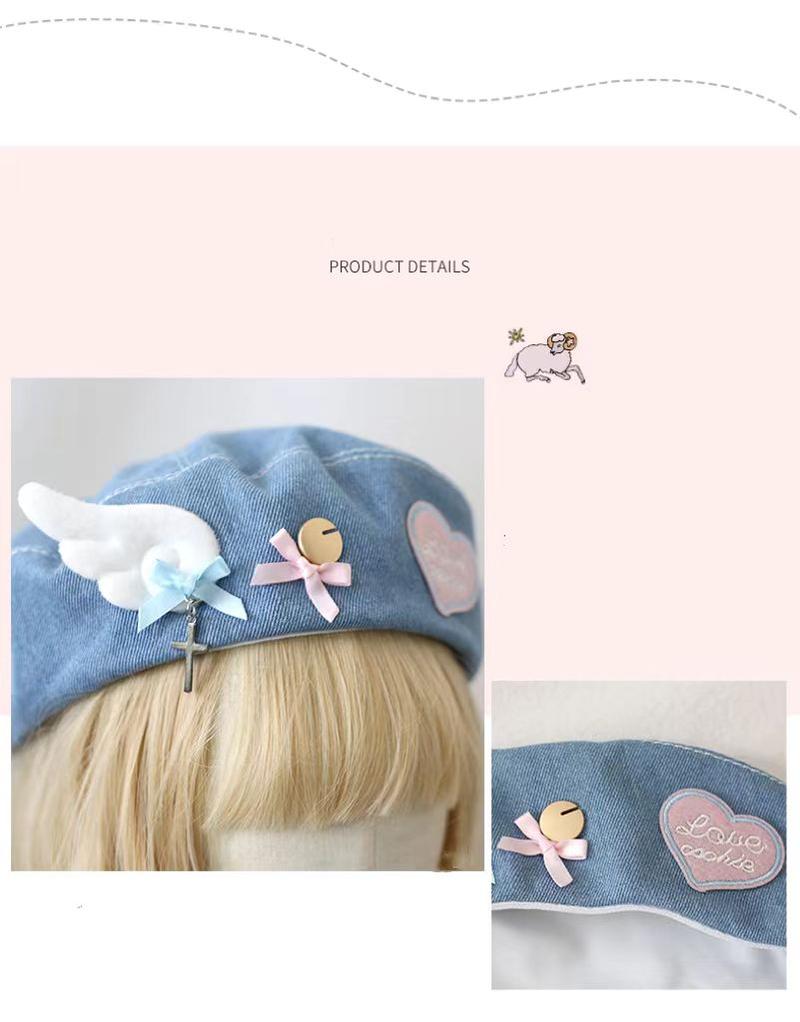 Xiaogui~Kawaii Lolita Beret Wings Denim Fabric Y2K Lolita Hat   