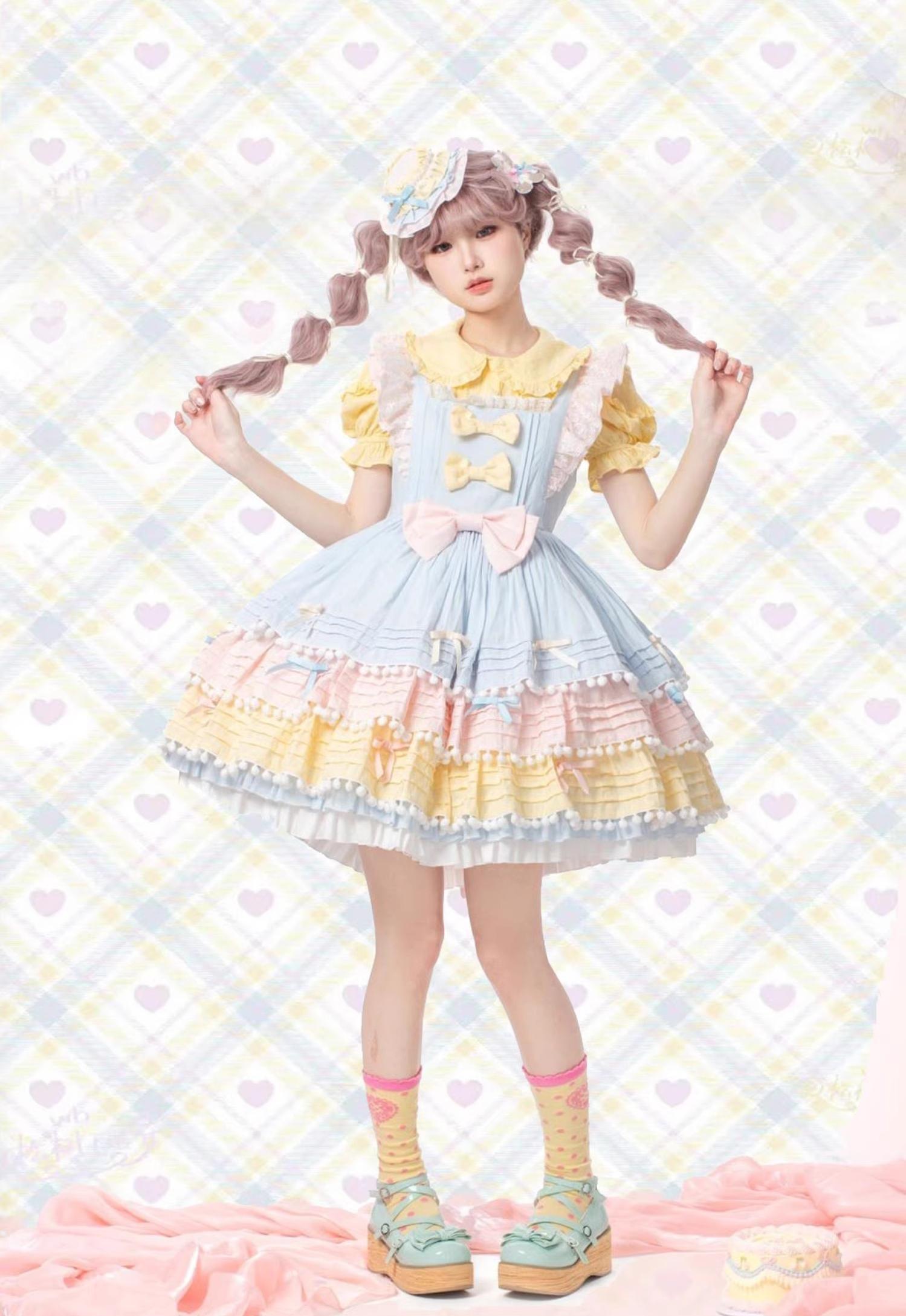 Chubby Cat Diary - Sweetheart Macarons - Sweet Lolita JSK Dress, Pom-pom Accents 44105:796023