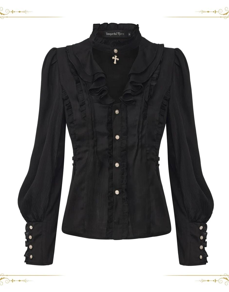 Eternal Rabbit Invitation - Ouji Lolita Vintage Long Sleeve Blouse, Ruffles V-Neck Black S