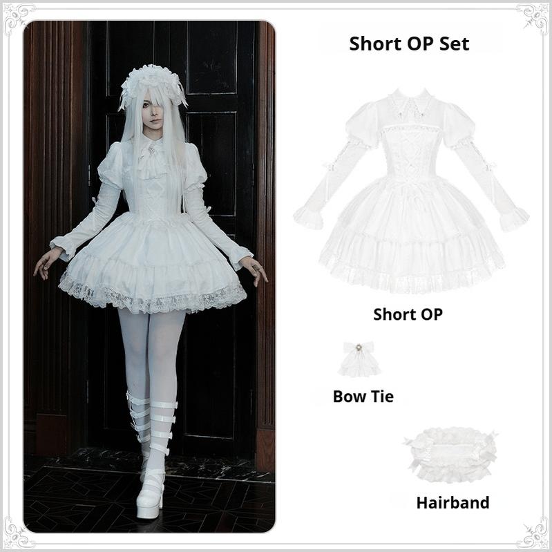 With PUJI - Fallen Heaven - White Gothic Lolita OP Set, Double Layered Skirt Short 3-piece Set (short OP + bow tie+ hairband) S