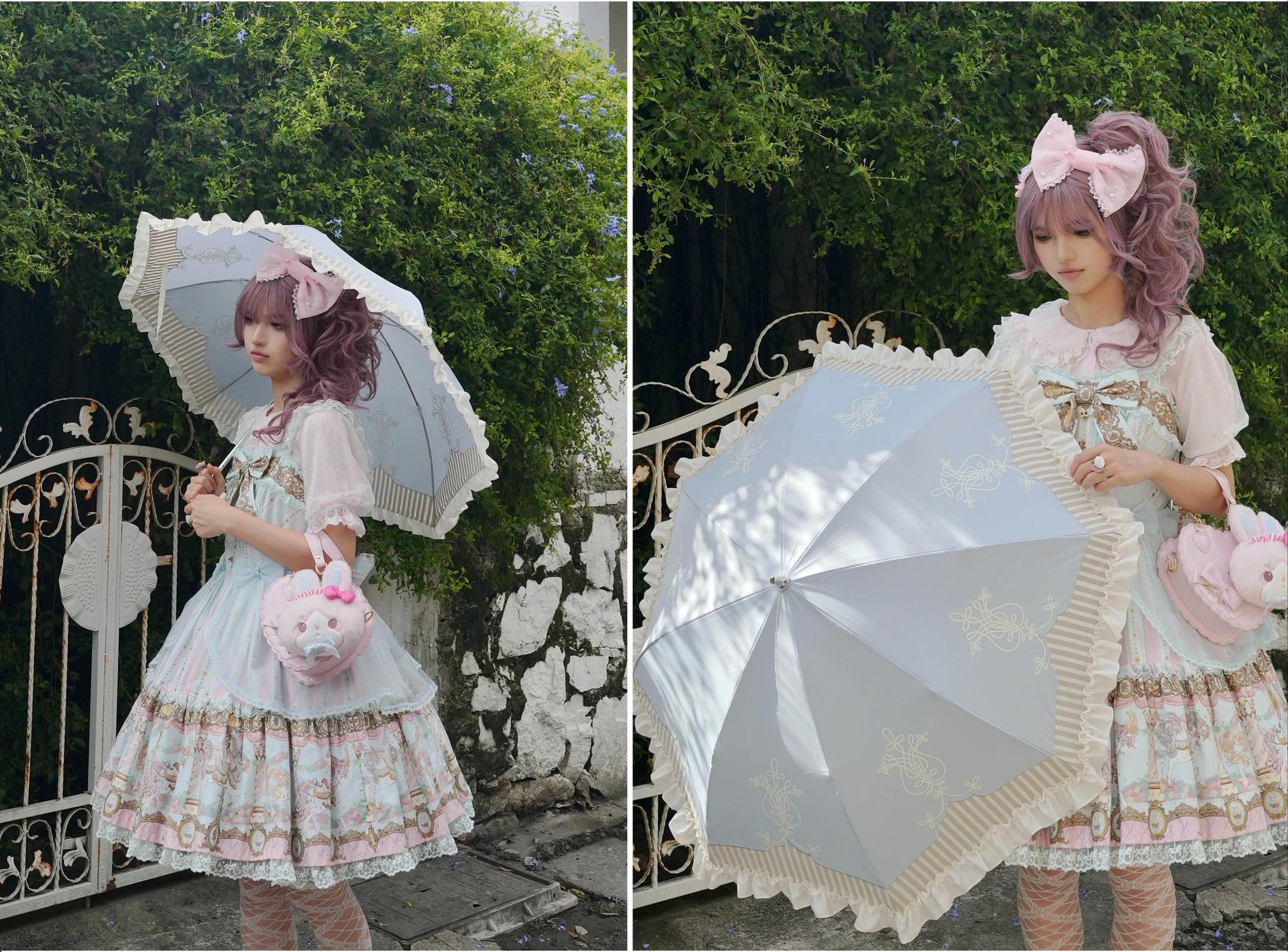 Lyre Academy - Classic Lolita 2-Fold Parasol, Lyre Print & Embroidered Trim 45679:858499