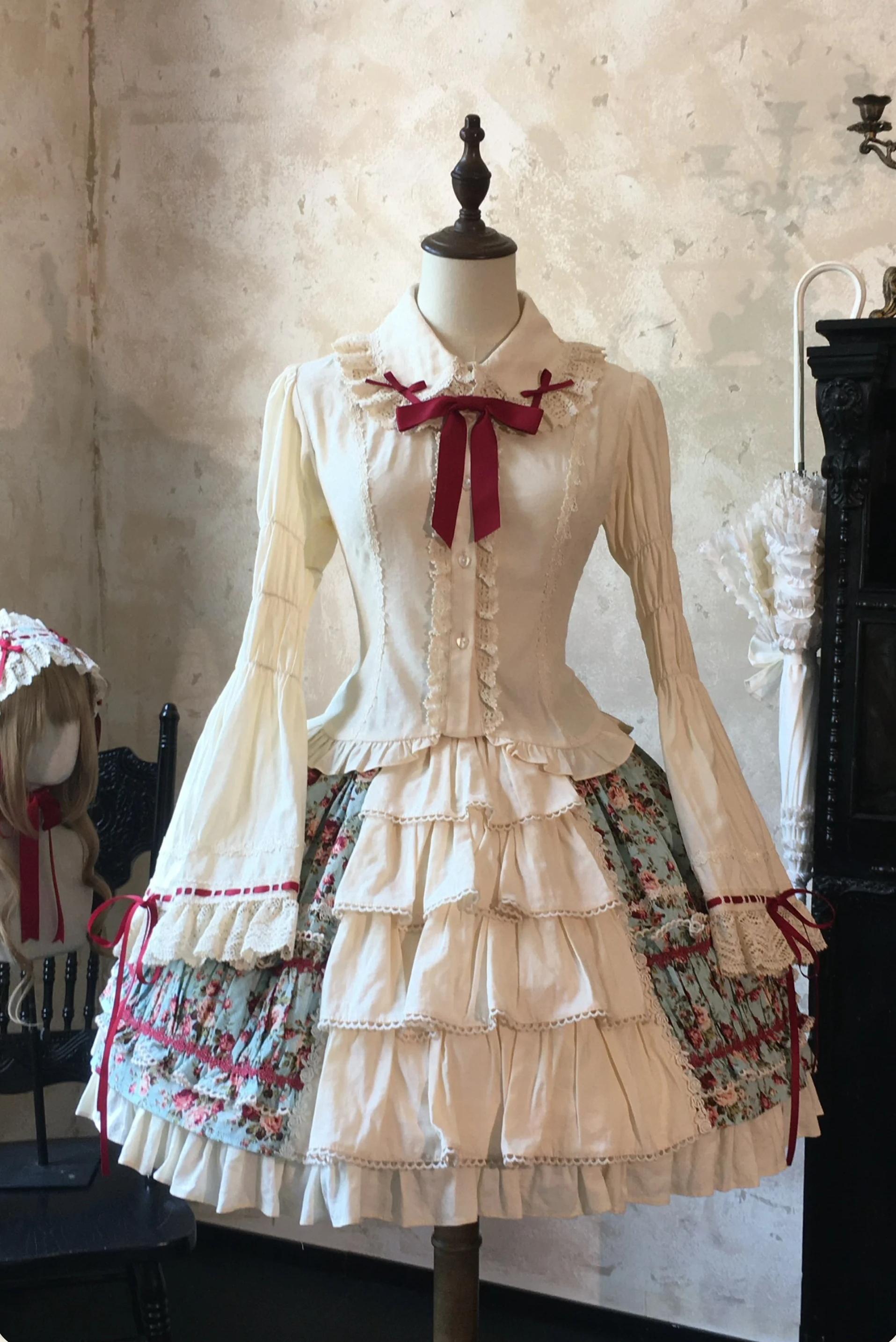 Old Rose Garden - Cotton Old School Lolita Top & Skirt Set, Floral Print (Blue / L M S XL XS) 45886:866835