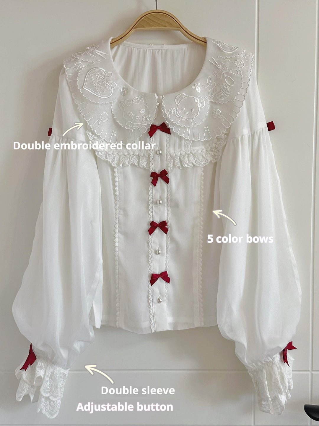 Flower Banquet~Sweet Lolita Blouse Embroidered Shirt with Long Sleeve S White X Red Bow 