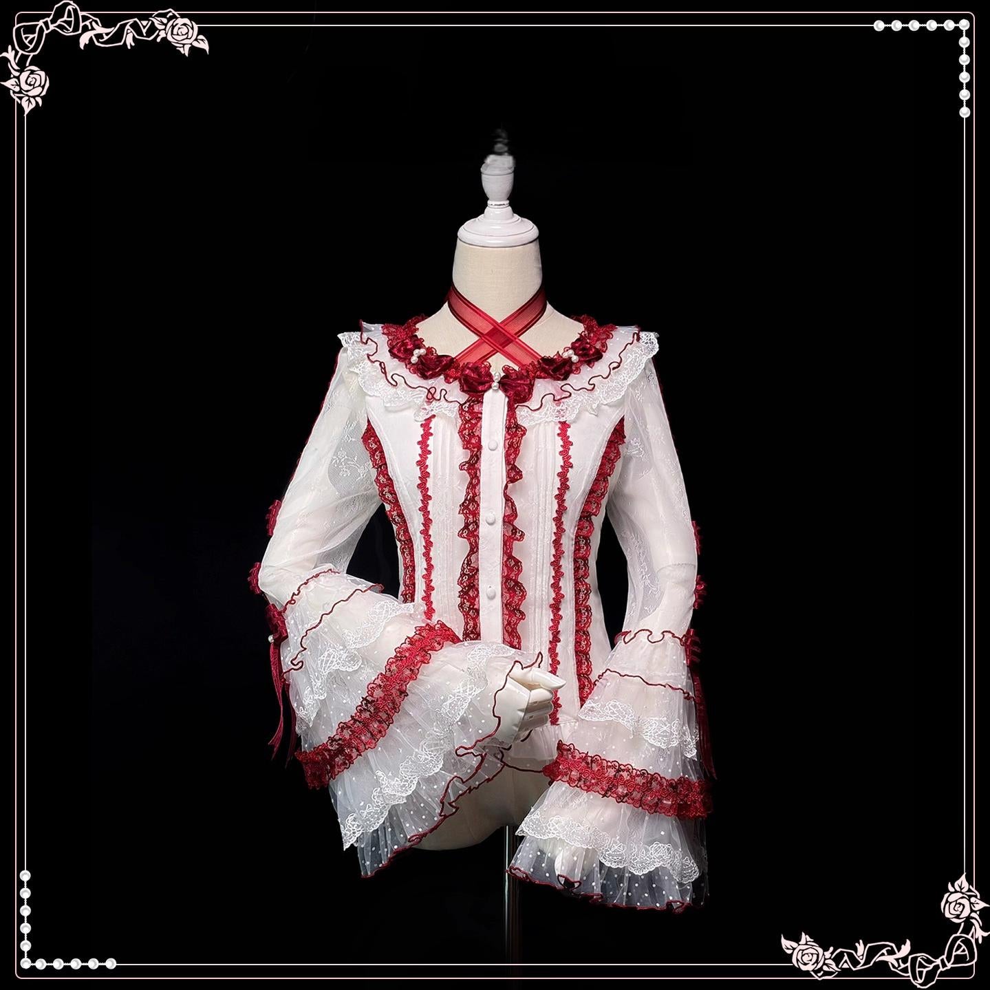 Shuang Sheng Xiao Xiong - Heart of Love - Lace Sweet Lolita Shirt, Hime-Sleeves White and Red - Shirt Only XS