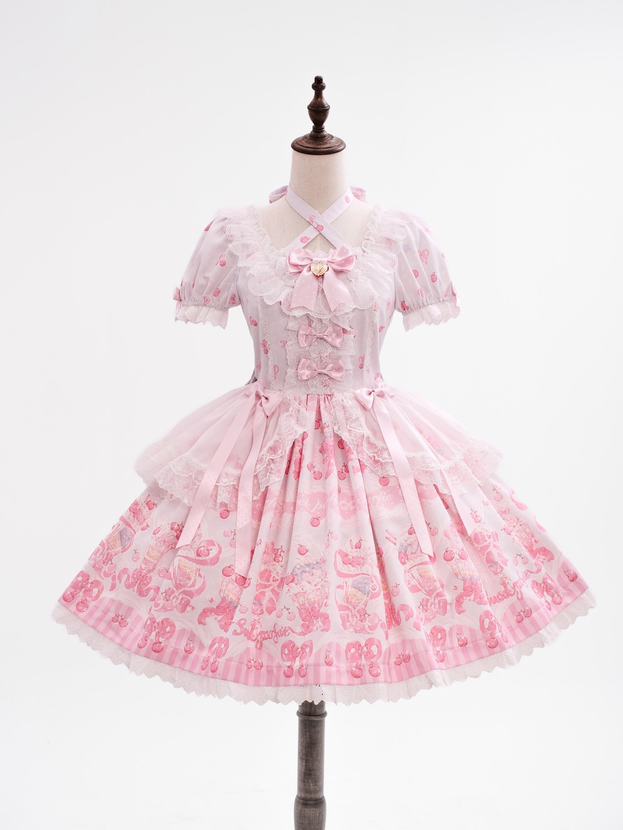 Cherry Parfait - Printed Sweet Lolita Dress, Macaron Colors Pink OP Only S