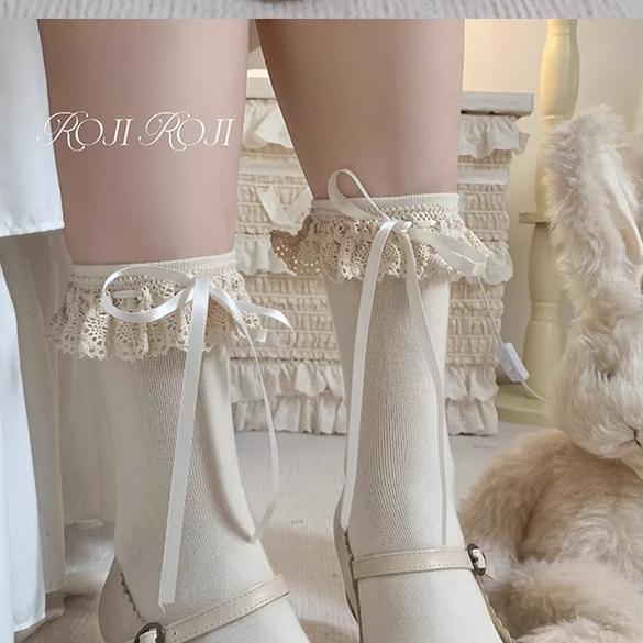 Roji Roji~Cotton Lolita Socks Lace Bow Beige Short Ankle Socks   