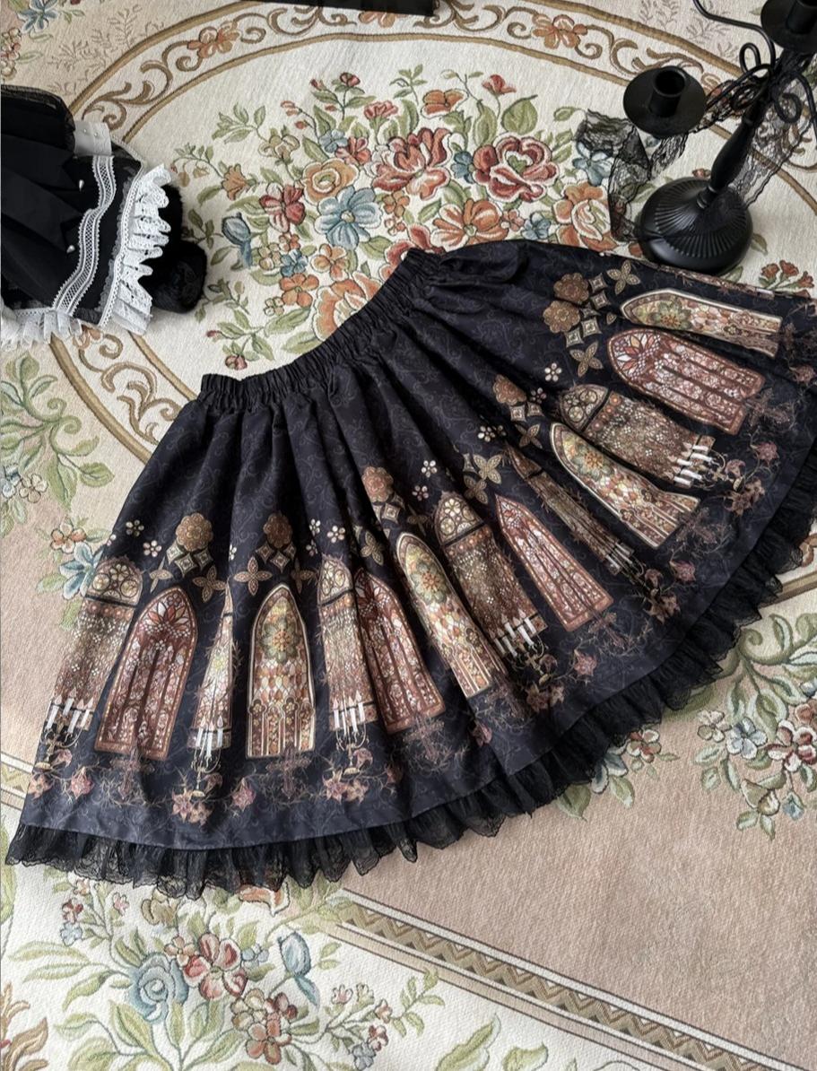 Temple Stained Glass - Gothic Lolita Stained Glass Printed SK, Elastic Waist 45770:861924