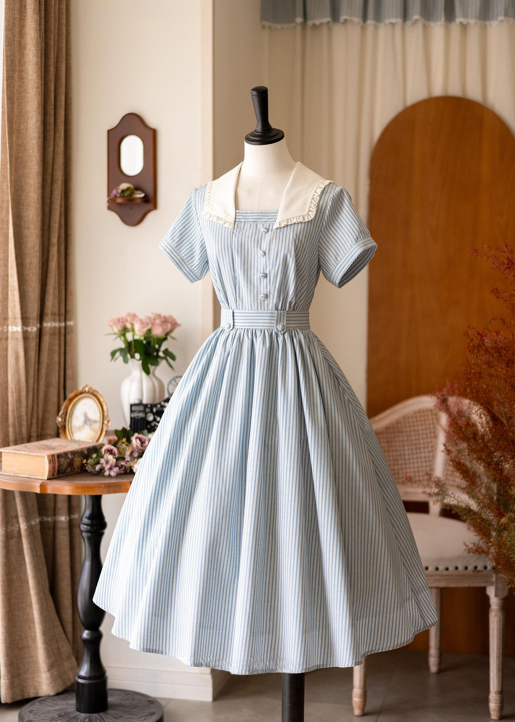 Endless Forest - Summer Striped Classic Lolita OP Dress, Short Sleeve Blue S In Stock