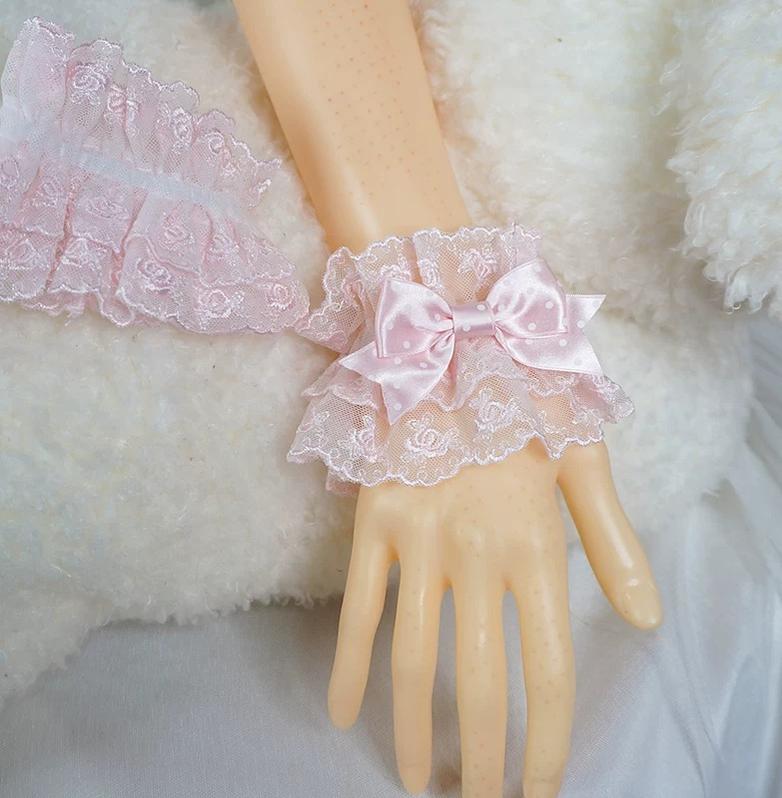 Sakura Pink Sweet Lolita Lace Cuffs, Floral Pendant A Pair of Polka Dot Bowknot Cuffs