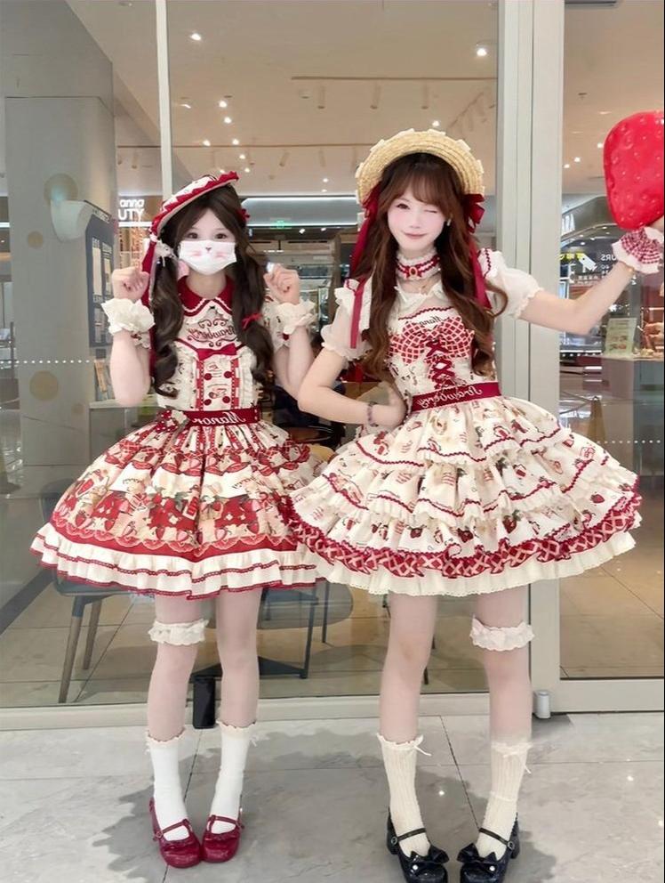 Strawberry Garden - Sweet Lolita JSK & OP Dress, Strawberry Print 44455:810092