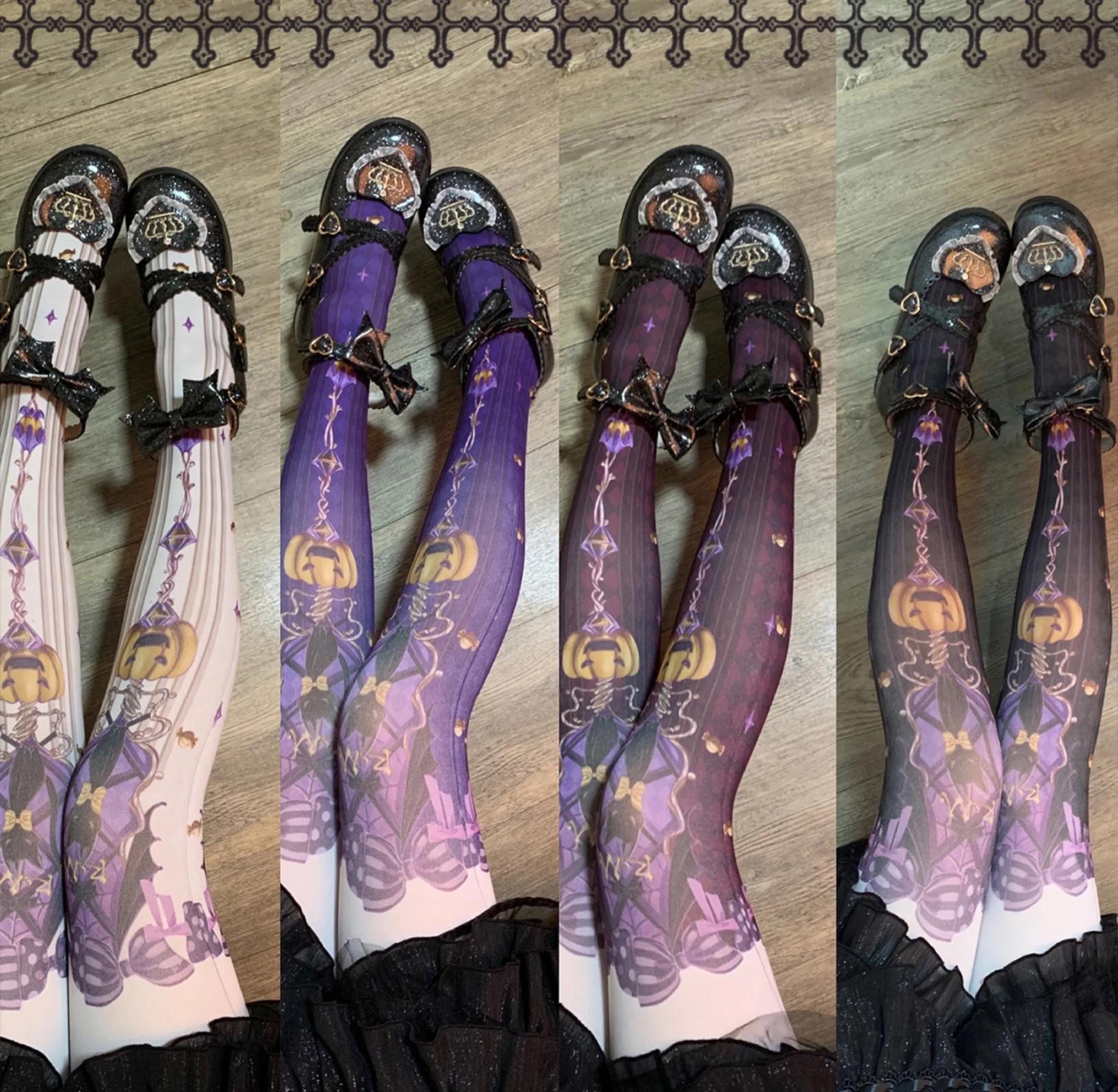 Halloween Pumpkin Cat - Gothic Lolita Pantyhose, Pumpkin and Black Cat Print 45664:857903