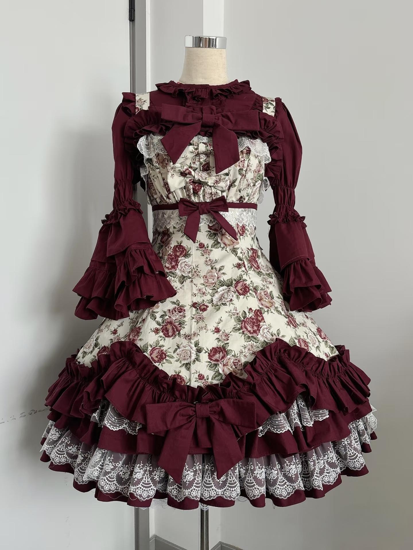 TaTaTa Lolita - Burgundy Rose - Floral Printed Old School Lolita JSK, Elegant Cape