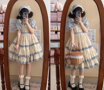 Sugar Girl~Country Lolita OP Dress Short Sleeve Summer Dress Blue OP (Long) S 