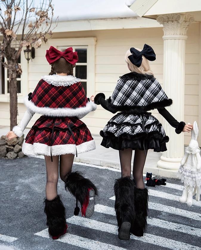 With PUJI - Snow Night Serenade - Fluffy Plaid Kawaii Lolita JSK, Reversible Cape 44279:802367