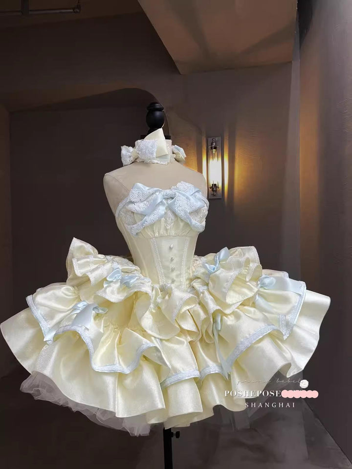 POSHEPOSE~Limited Gratitude Collection~Sweet Lolita Dress High-end Tiered Skirt Dress XS Milk Frost Milk Yellow Satin Ribbon 