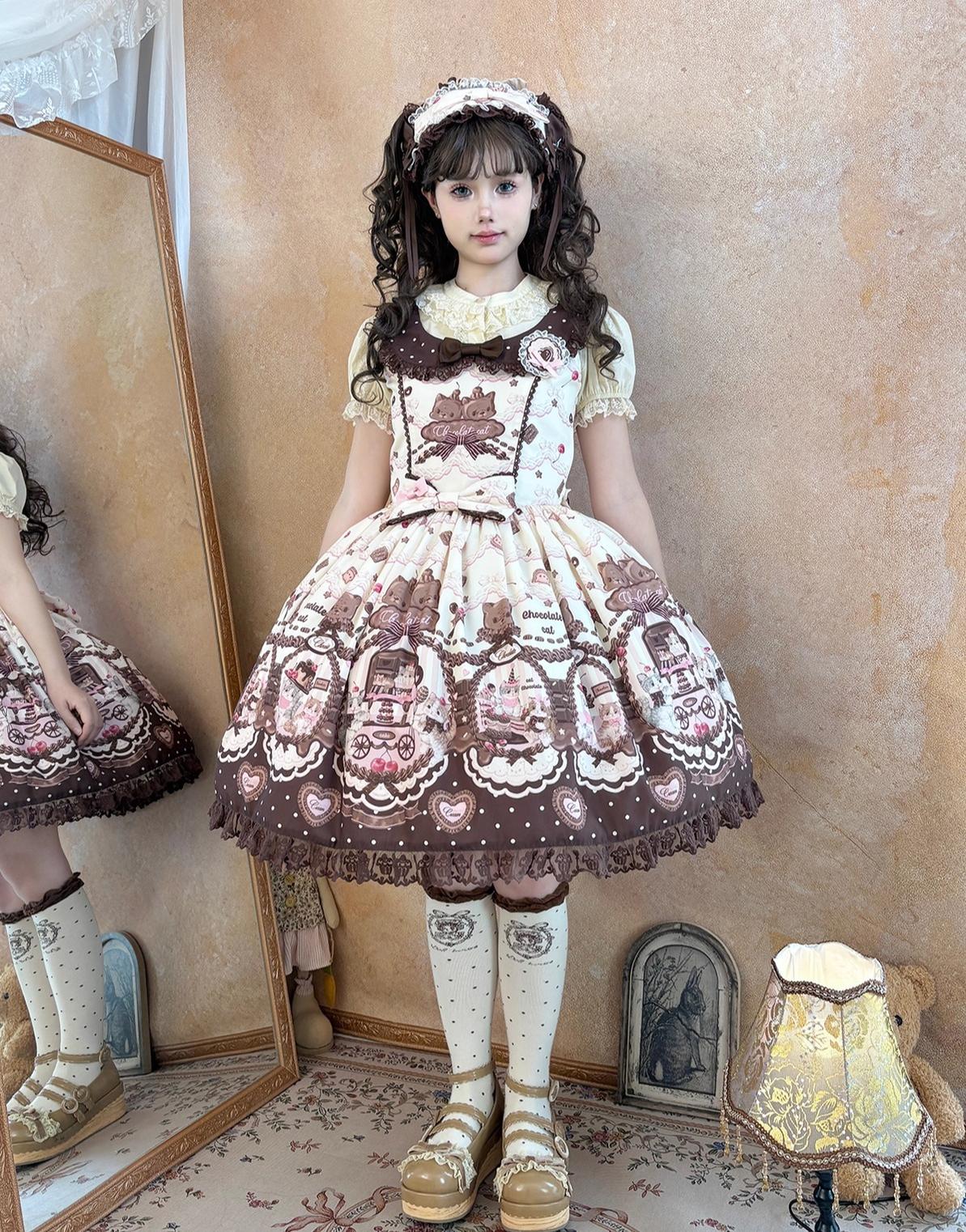 Sweet Dream Sheep - Chocolate Cat - Kawaii Lolita JSK, Cat & Chocolate Print