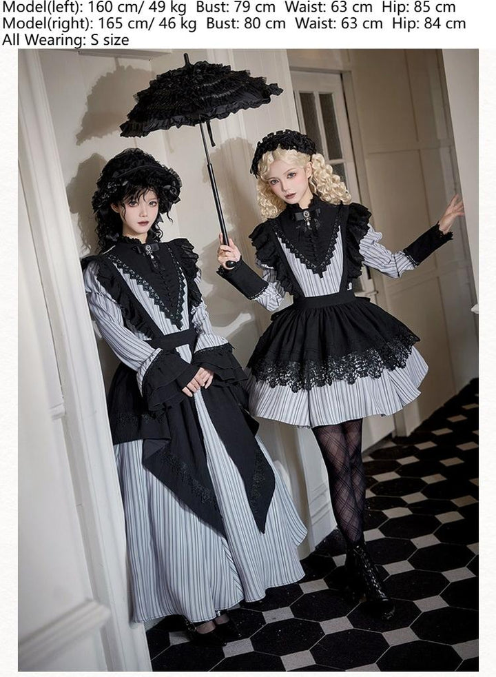 With PUJI~Nocturne SP~Striped Gothic Lolita OP Twin Lolita Dress with Apron