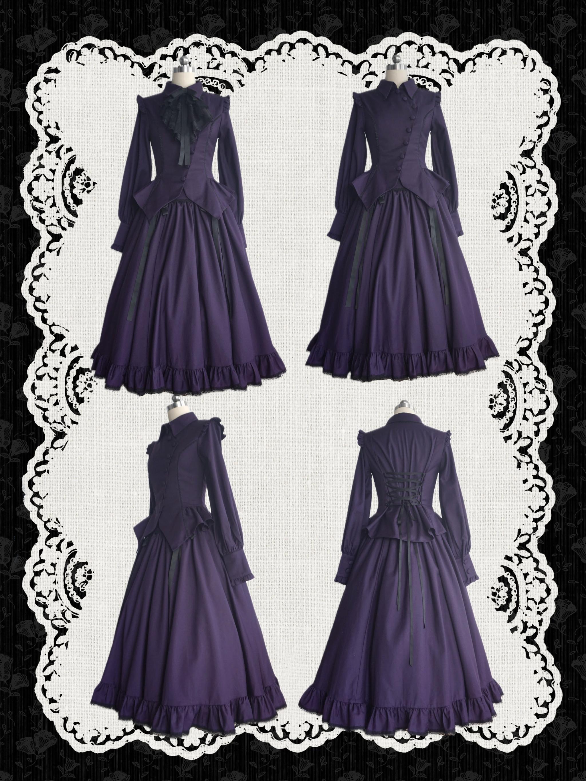 Lyra Nocturne - Gothic Lolita Slanted Placket Shirt Set, Plaid or Striped