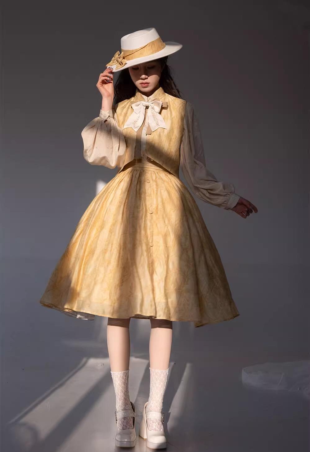 ZJstory - Gilded Years 4.0 - Retro Lolita Dress Suit Elegant Lolita Coat Set S Tender Yellow Long SK Only