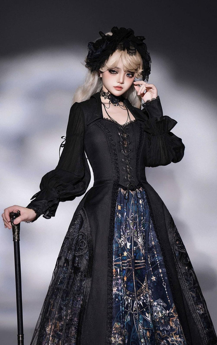 Susin Lolita~Night Traveler~Gothic Lolita Skirt Outfit Long Coat Shirt and Bustier Set