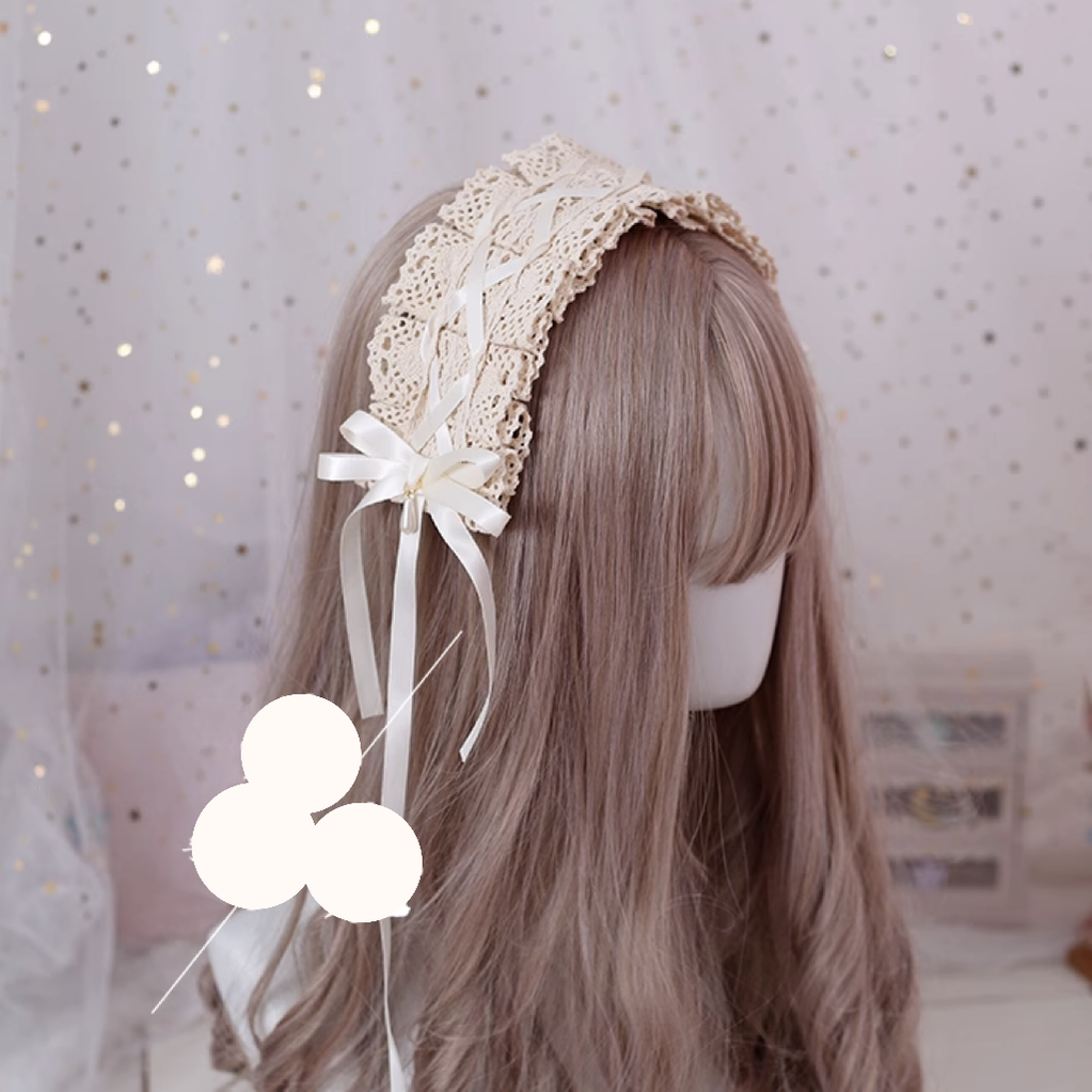 (BFM)Xiaogui~Japanese Style Sweet Lolita Lace Headband Multicolors Milk White + Cotton Headband  