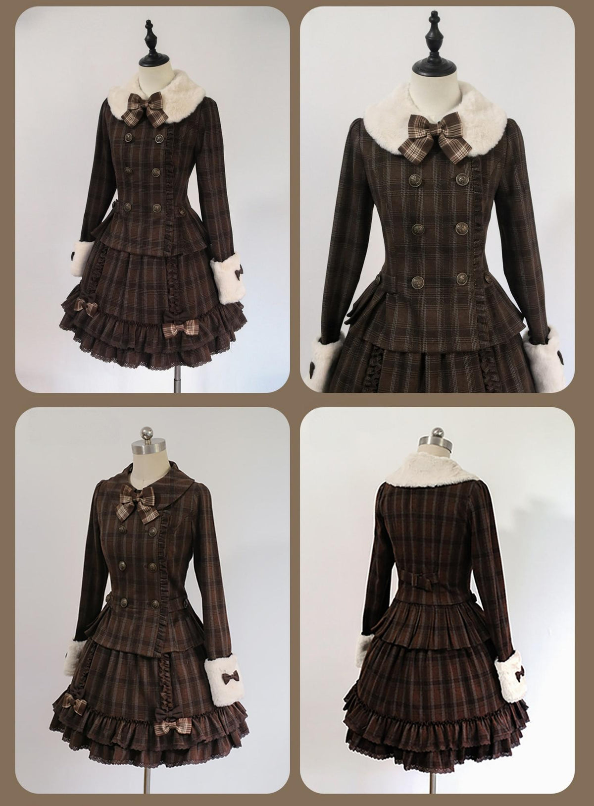 Filled Chocolate - Winter Classic Lolita Plaid Coat Set, Detachable Plush Collar 45900:867175