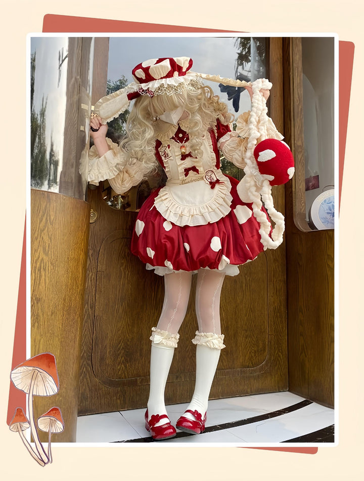 Sakurahime~Mushroom~Kawaii Lolita OP Dress with Apron and Detachable Sleeves