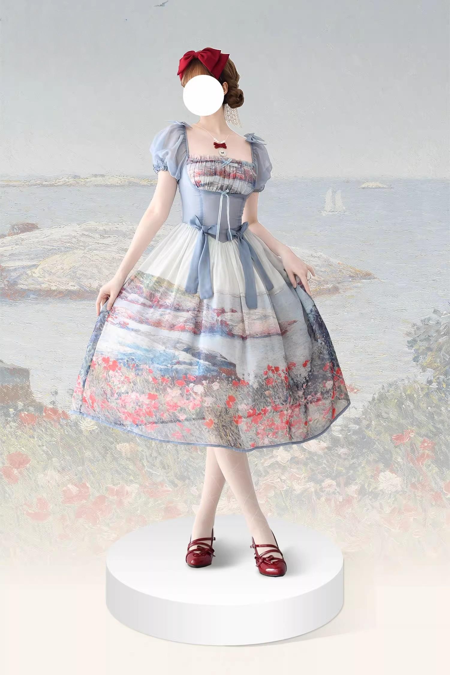 Lo-cyan Lolita - Island Garden - Elegant Lolita OP Dress Oil Painting Print V-Waist Bow Dress S Island Garden OP Dress