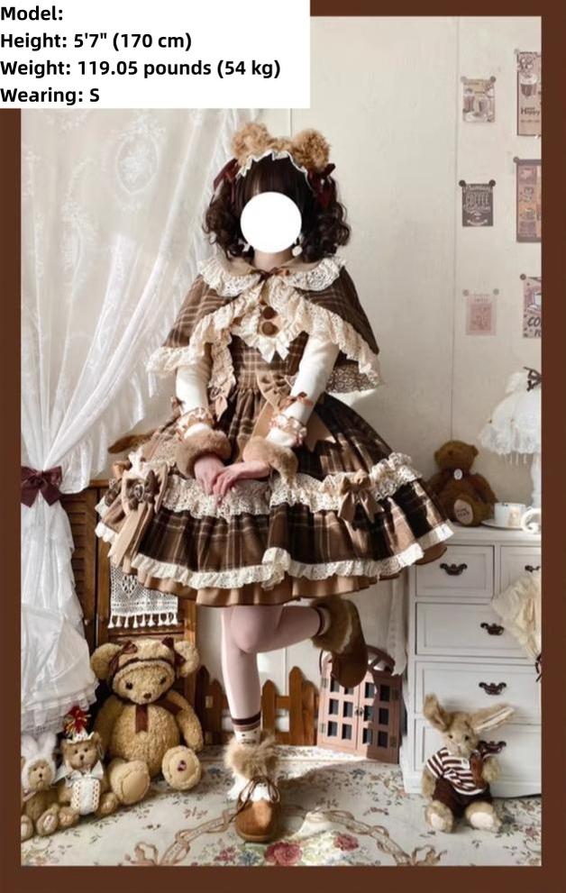 Choco Chestnut - Plaid Kawaii Lolita JSK Dress, Peter Pan Collar Cape 44501:811823