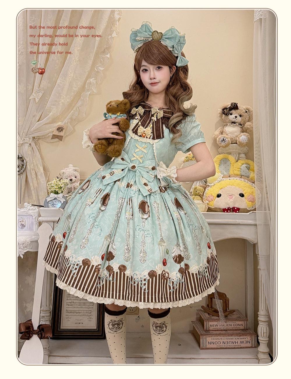 Dessert - Kawaii Lolita Sailor Collar OP Dress, Chocolate & Fork Print 44905:827105