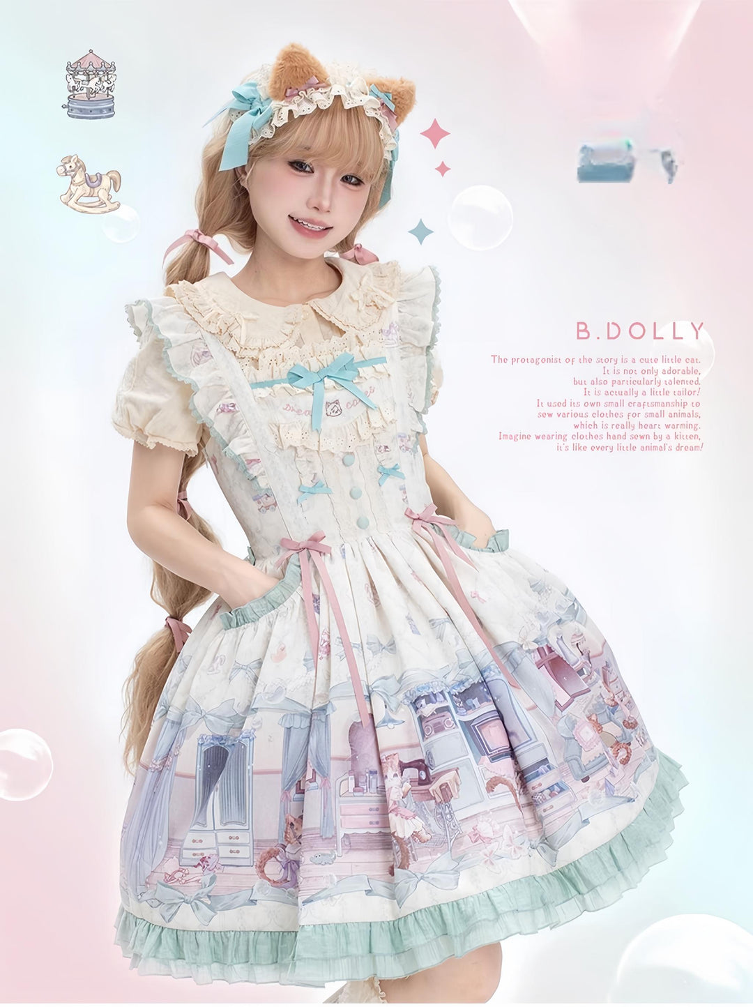 Baduoni~Dream Core Childhood~Kitty Printed Sweet Lolita JSK with Cute Headband