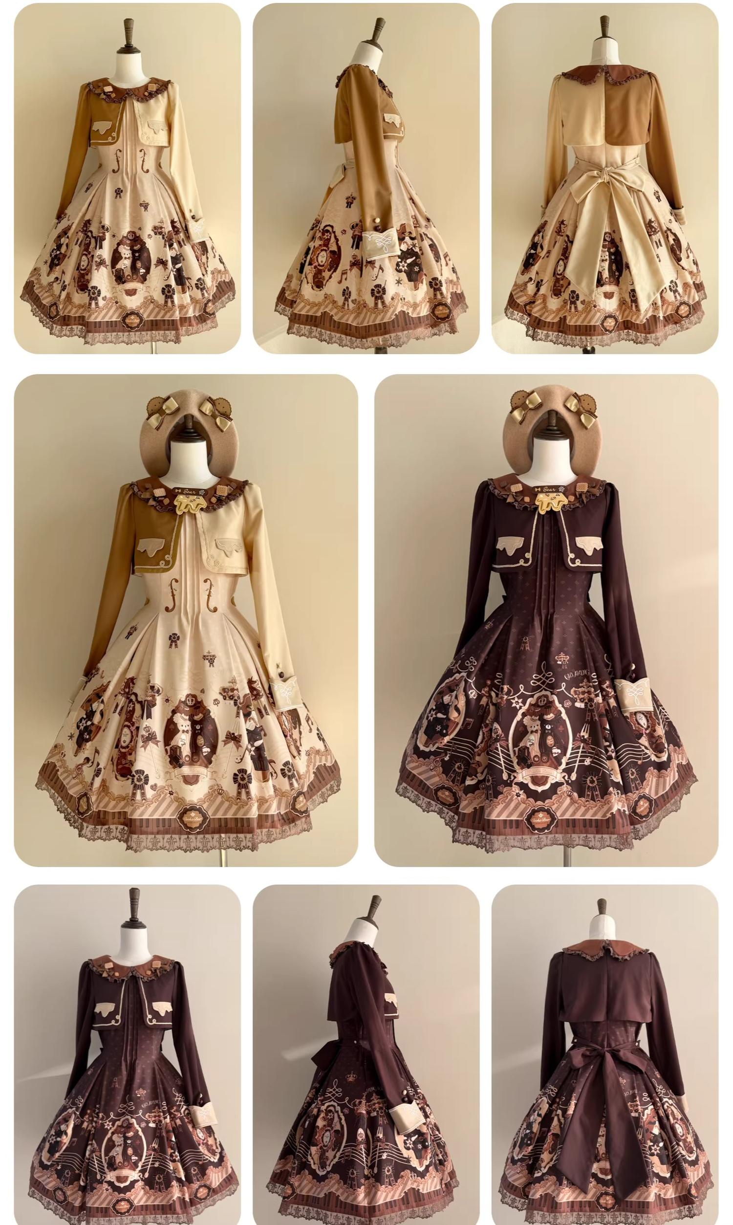 Cream Bear - Print Kawaii Lolita Fake Two-Piece OP, A-lined JSK Dress 44502:811687