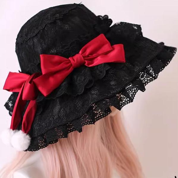 Xiaogui - Retro Lolita Hat Lace Handmade Doll Hat with Multicolor Bows One Size black hat with burgundy bow