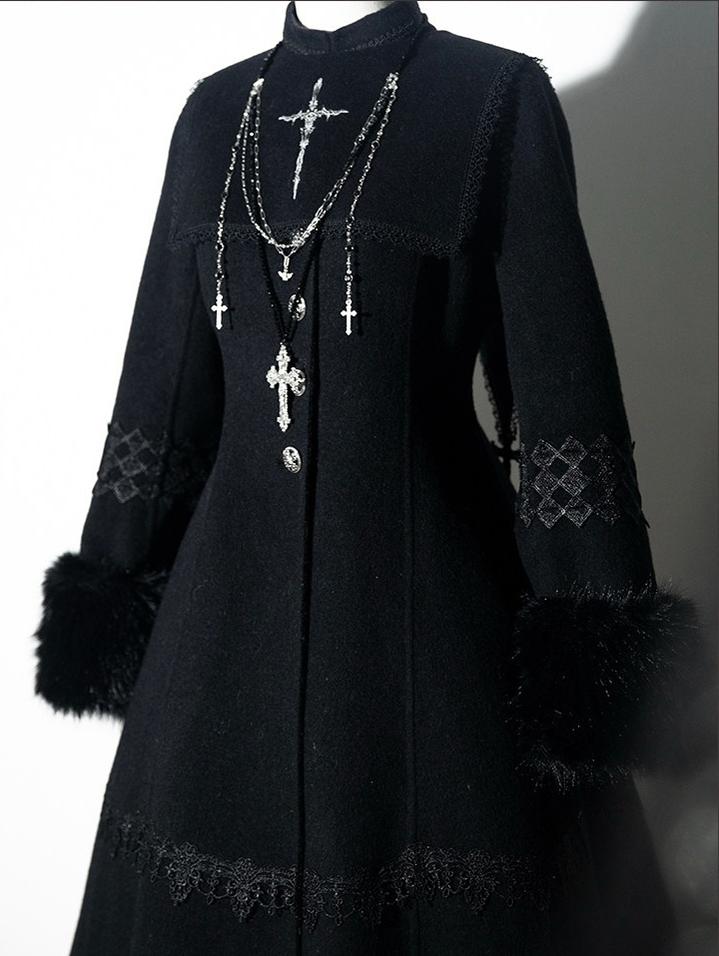 Cain and Lilith - Wool Gothic Lolita Long Coat, Cross Details Lilith SET (Lilith coat + false collar + cape) S