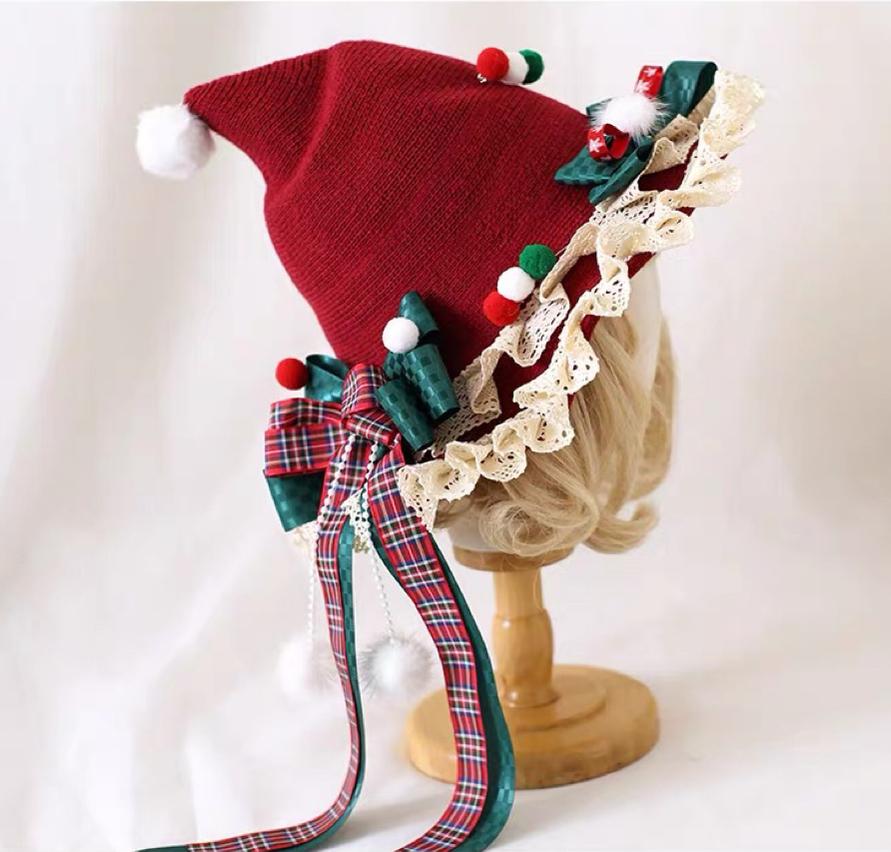 Xiaogui~Christmas Lolita Witch Hat Red Winter Lolita Hat M (55-59cm) Tartan Christmas Hat (Dark Red) 