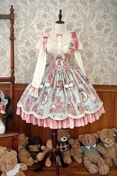Alice Girl~Teddy Bear Wall~Kawaii Lolita OP Dress Teddy Bear Embroidery JSK XS Pink and Green (Bust Support JSK) 