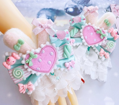 (Buy for me)Sweetheart Endless~Sweet Lolita Lace Rabbit Ears Cuffs Multicolor a pair of big rabbit ears and heart mint-green pink cuffs  
