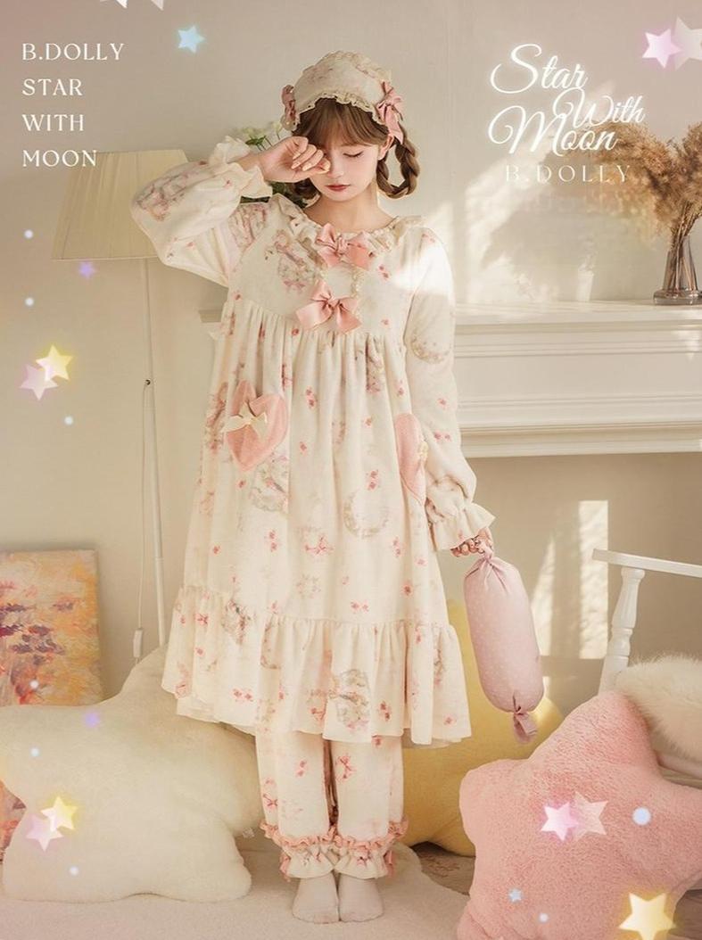 Baduoni~Starry With Moon~Winter Sweet Lolita Nightgown Dress Flannel Dree with Pants