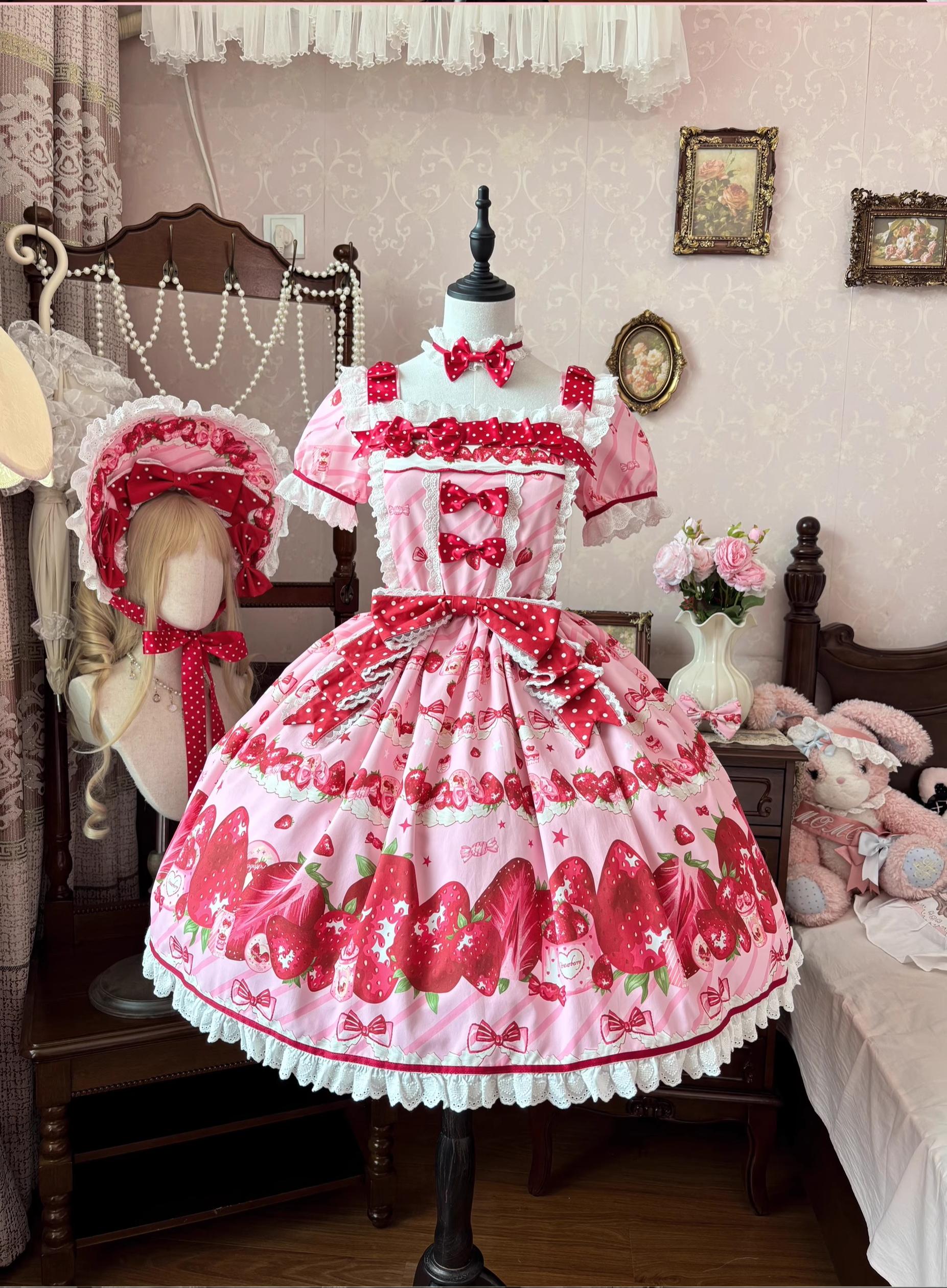 Peach Bunny - Strawberry Box - Sweet Lolita OP Dress, Strawberry Print 43994:791693