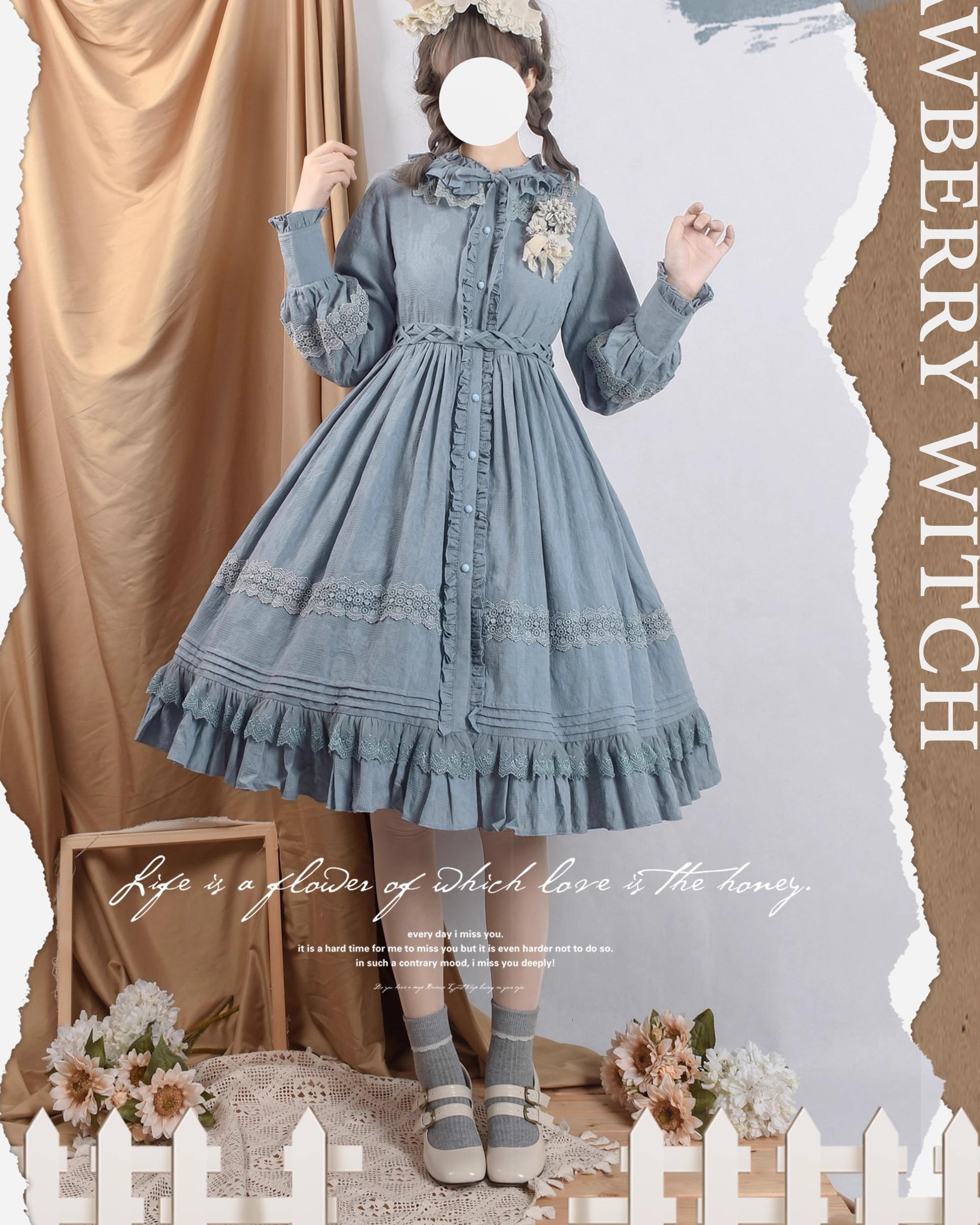 Strawberry Witch - The Spring - Cotton Lolita OP Dress with Long Sleeve blue S