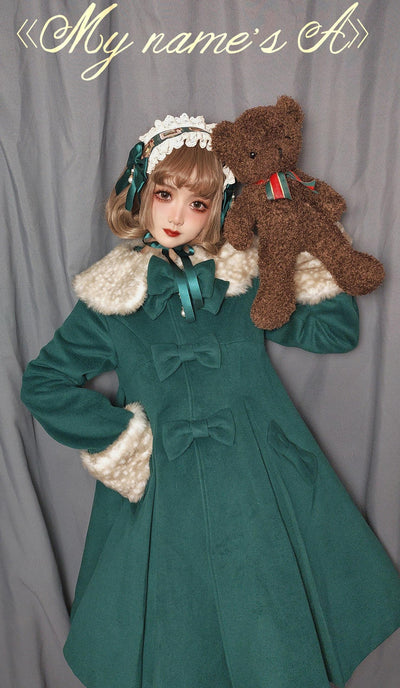Unideer~Winter Lolita Coat Wool Bow Overcoat S Ink Green 