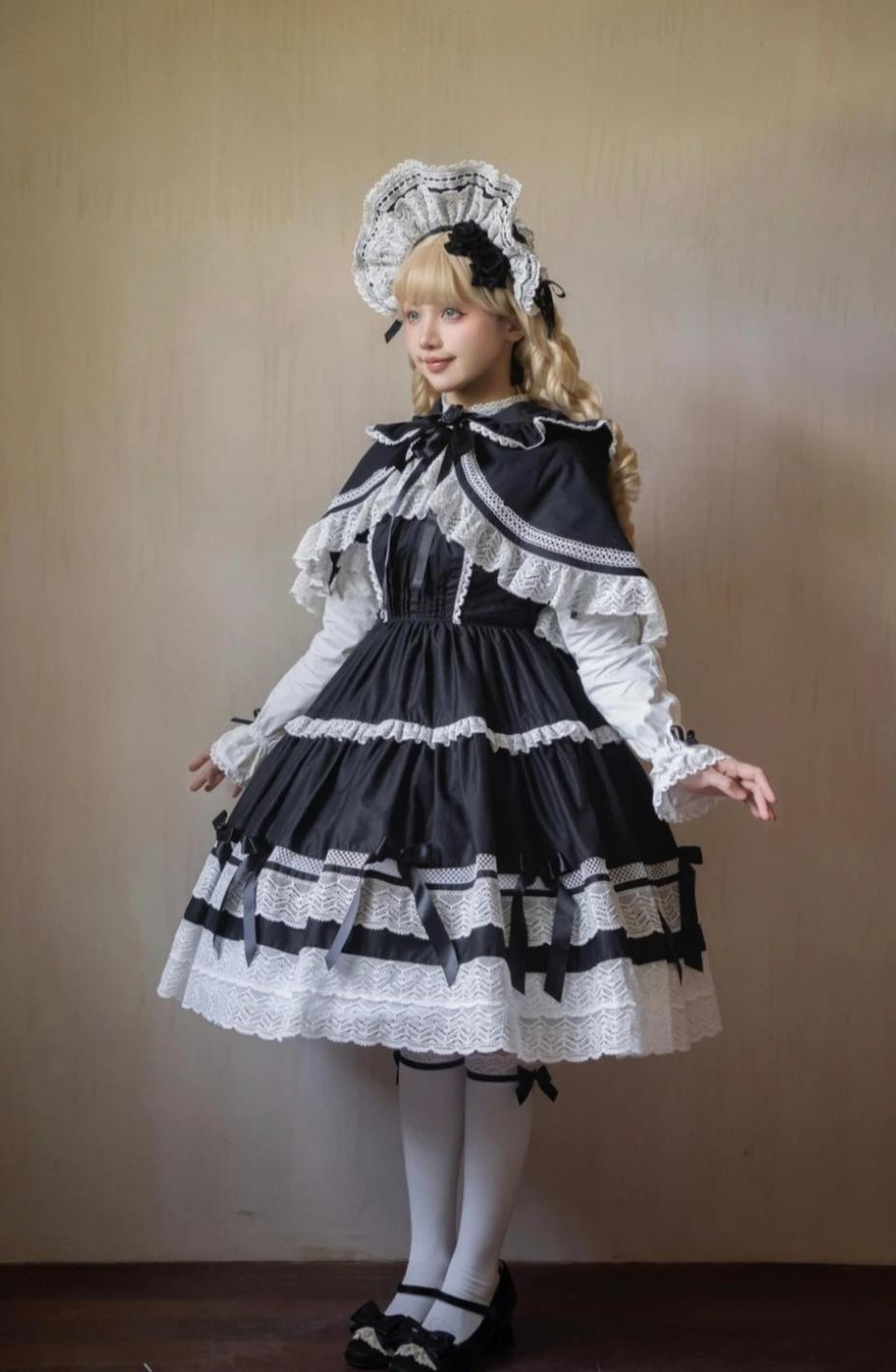 Edelburg Rose - Old School Lolita Cotton OP Dress Set, Detachable Sleeves 45685:859158