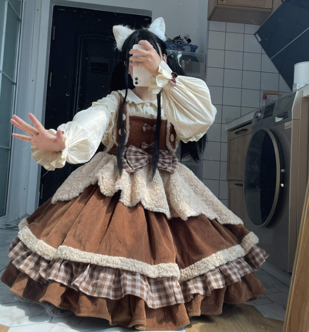 Magic Skirt Cat~Warm Bear~Brown Sweet Lolita Winter Salopette   