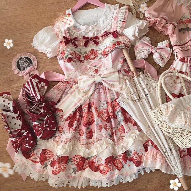 Strawberry Fantasia~Sweet Lolita OP Dress Set Puffy Skirt Long JSK and Shirt