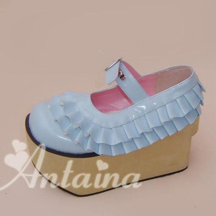 Antaina~Sweet Lolita Platform Shoes Lotus Leaf Edge Multicolor 35 Blue Mirror [9cm at the back 7cm at the front] 