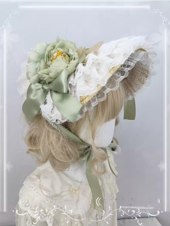 Cocoa Jam~Country Lolita Bonnet Lace Flower Flat Cap Multicolors Customized light green  